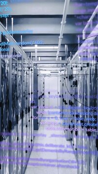 Animation of computer language, mathematical equations over connected dots on data server racks