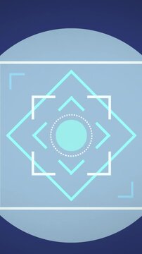Animation of neon scope scanning over grey round banner against copy space on blue background