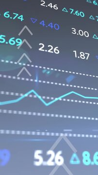Animation of up arrows with multicolored trading board and lens flares over black background