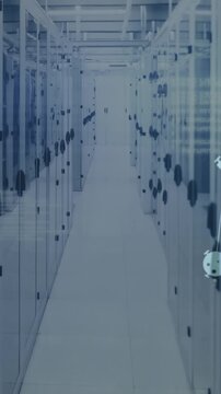 Animation of spinning globe of medical icons, light spot and data processing against server room