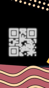 Animation of glowing qr code over neon geometric shapes