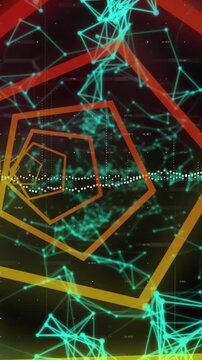 Animation of looping hexagons forming tunnel over connected dots against abstract background