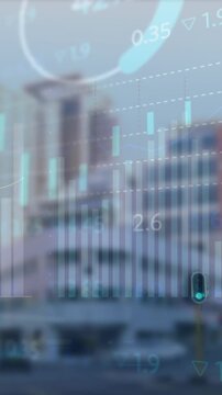 Animation of graphs and trading board, time lapse of people walking against buildings