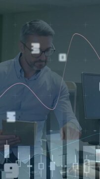 Animation of multiple graphs with changing numbers, diverse coworkers sharing ideas in office