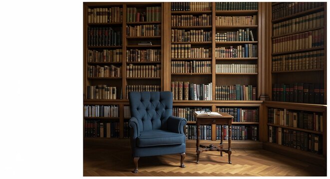 Classic Library Corner: A deep blue velvet armchair sits invitingly beside a small wooden table, nestled within a grand library filled with floor-to-ceiling bookshelves overflowing with vintage books.
