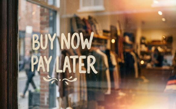 Buy Now Pay Later sign on a boutique clothing store window representing flexible shopping options and retail consumer financing