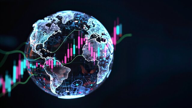 Global economy pulsates with digital charts, data streams and vibrant financial indicators.