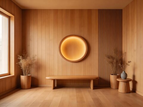 Warm-toned wooden interior with circular wall light bench potted plants and slatted accent panel near window