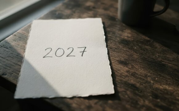 Handwritten 2027 year number on white textured paper sheet on a rustic dark wooden table with a coffee mug for future planning and goals concept