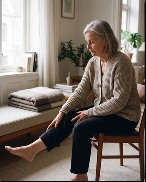 Senior woman doing a seated knee extension exercise at home