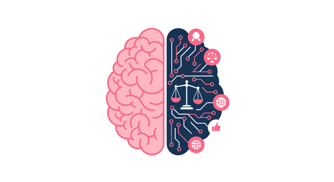 Human Brain and Artificial Intelligence Integration with Scales of Justice for Legal Tech and AI Governance Ethics Concept