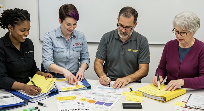 Teamwork in Action: A diverse group of four professionals collaborates around a table, engaged in a focused discussion and planning session with yellow folders and documents.