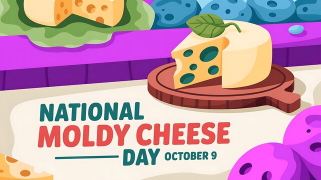National moldy cheese day celebration design with colorful cheese wheel and pieces graphic illustration