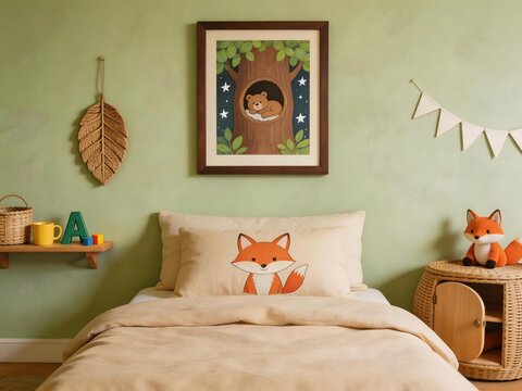 Child's bedroom with fox-themed bedding framed tree hollow artwork and wicker furniture against green wall