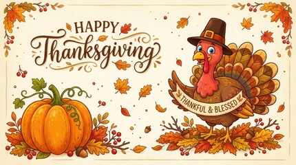 Fototapeta premium Happy thanksgiving greeting card with hand-drawn turkey and pumpkin autumn harvest fall decoration harvest festival turkey illustration