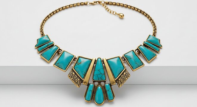 Statement Necklace Adorned with Turquoise: A striking statement necklace featuring an arrangement of geometric, turquoise-colored stones set in an antique gold-tone metal, exuding bohemian elegance.
