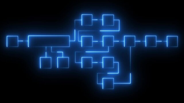 Futuristic neon flowchart diagram with glowing connected blocks and dynamic digital pathways representing system workflow, data processing, and modern technology architecture