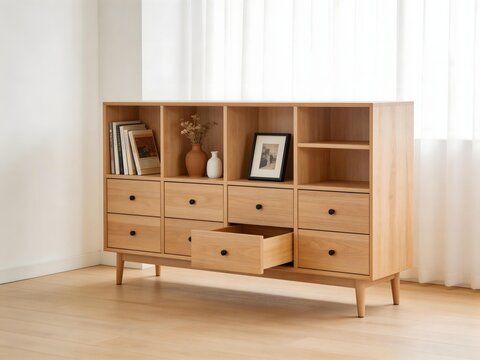 Light wood bookshelf with open cubbies and drawers in modern minimalist room