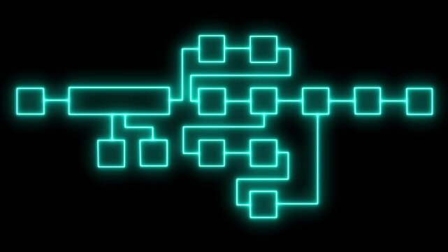 Futuristic neon flowchart diagram with glowing connected blocks and dynamic digital pathways representing system workflow, data processing, and modern technology architecture