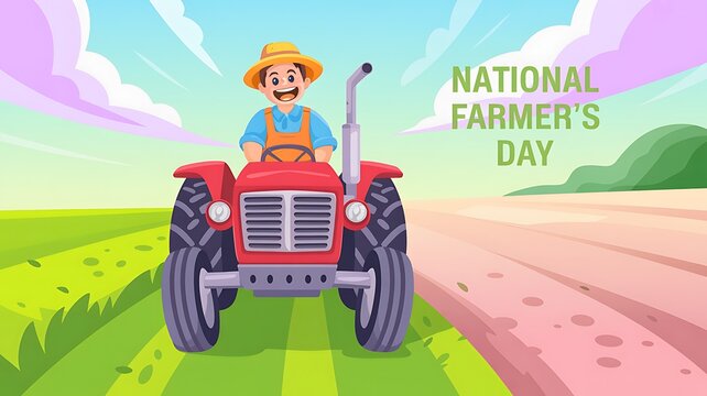 National farmers day illustration featuring a happy farmer driving a red tractor agriculture countryside template