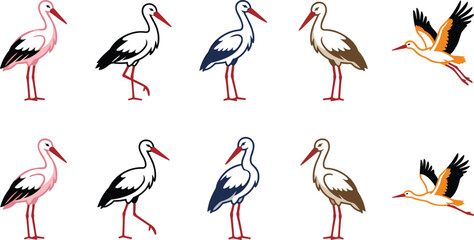 Fototapeta premium Colorful stork bird collection with standing and flying poses in pink, black, blue, and brown hand drawn vector illustration