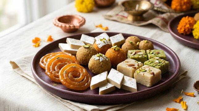 close-up assortment of ladoo barfi and jalebi on a matte ceramic platt