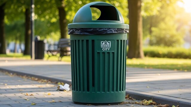 Urban Recycling Bin: A sturdy, green recycling bin stands prominently on a paved park pathway, inviting public participation in waste management and environmental consciousness.