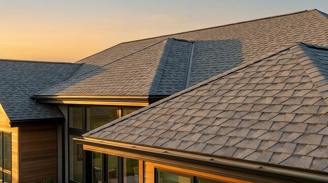 Modern house roof with dark grey shingles and copper gutters on a sunny day. asphalt roof