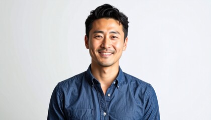 Obraz premium Confident Japanese Man in His 30s Portrait with Natural Skin and Clean White Background
