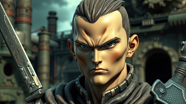 A fierce warrior stands confidently in a steampunk world showcasing sharp features and a powerful gaze with detailed machinery in the background