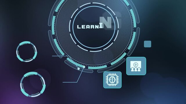 Machine Learning concept with neural processing, intelligent data systems, connected technology icons and futuristic AI visualization.