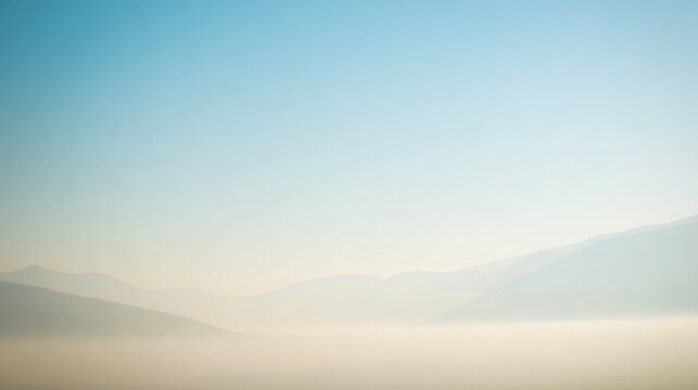 luxury minimalist landscape wallpaper, extremely distant abstract blue valley completely softened by morning fog, pale ivory sky occupying most of the composition