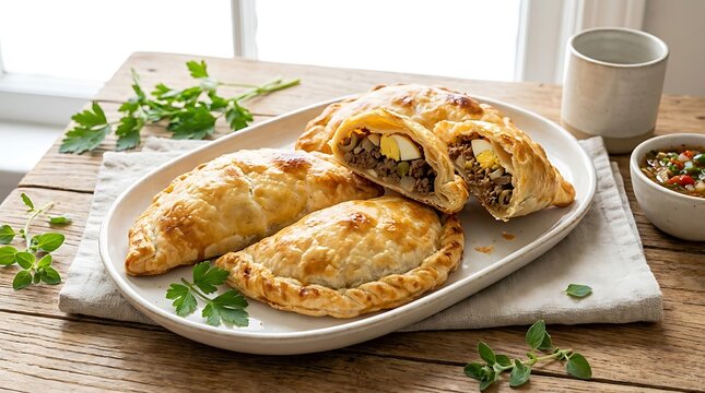 Freshly baked beef empanadas served on a white plate with salsa on a rustic wooden table. Chilean Cuisine