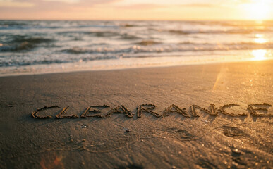 Obraz premium Clearance text written in wet sand on a tropical beach at sunset for retail sales and commercial shopping promotions