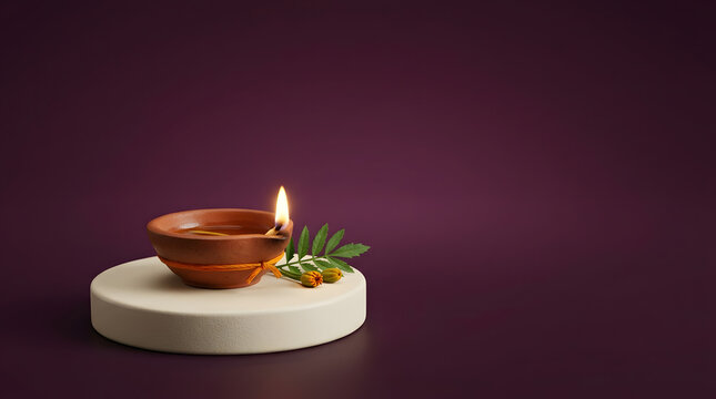 minimal product podium with a single diya deep plum background and emp