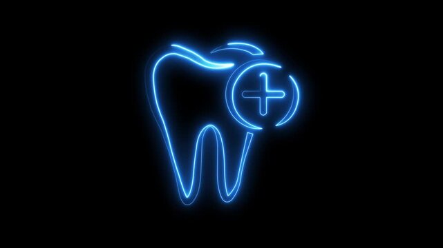 A glowing neon icon of a tooth with a medical cross, representing dental care, oral health services, modern dentistry, and professional dental treatment in a futuristic style.