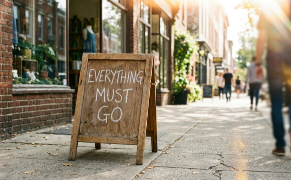 Wooden chalkboard sign with text everything must go on sidewalk outside boutique store during clearance sale event on city street