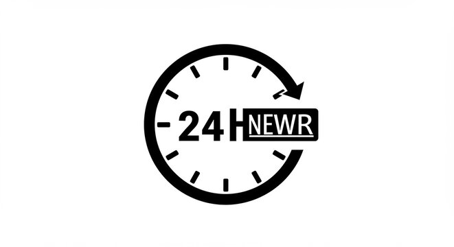 24 Hour Service Icon: A black and white graphic symbol representing 24-hour service or continuous operation, with a clock face and an arrow indicating constant movement.
