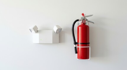 Fototapeta premium Red Fire Extinguisher Mounted on Wall with Emergency Lights for Safety and Fire Prevention