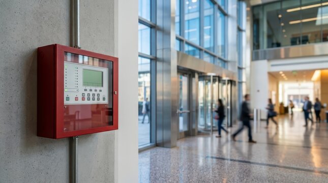 Modern Fire Alarm Control Panel Installed in Contemporary Building Interior with Busy Professionals