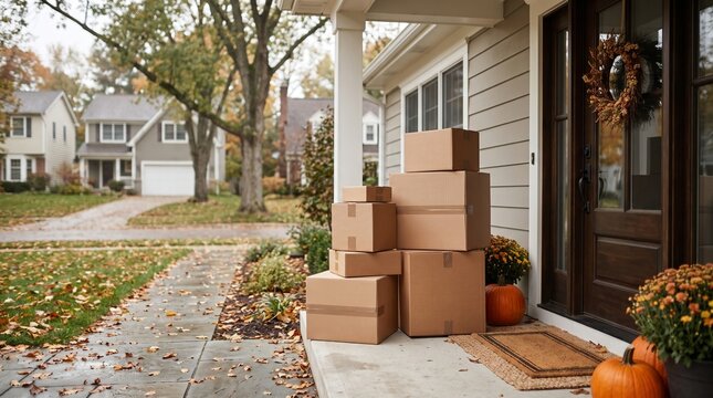 Cardboard Moving Boxes Stacked on the Front Porch of a Suburban Home During Autumn
