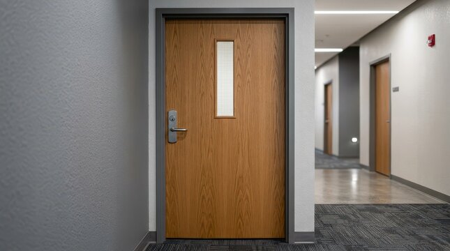 Modern wooden door with metal handle and window panel in a contemporary hallway setting