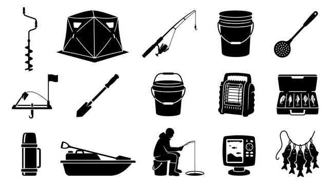 Ice Fishing Equipment  Angler Tools Vector Icons Set in Black and White Silhouette Style.