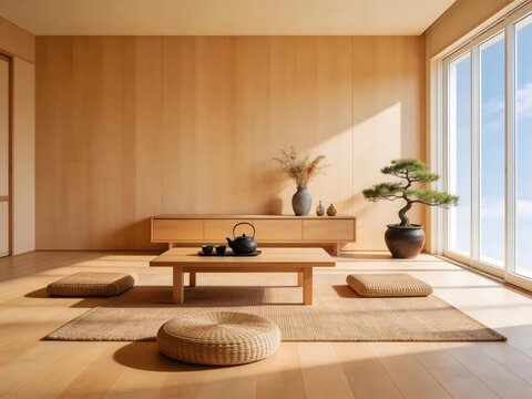 Minimalist Japanese-style room with wooden walls low table zabuton cushions bonsai tree and natural light from large window