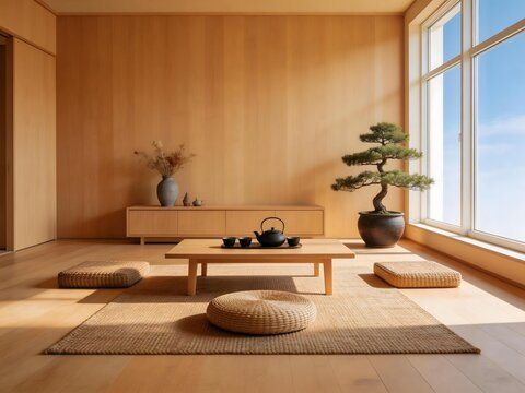 Minimalist Japanese-style room with wooden walls low table zabuton cushions bonsai tree and large window letting in natural light