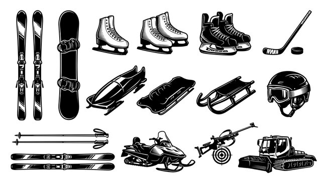 Winter Sports Equipment Black and White Line Art Vector Icons Set