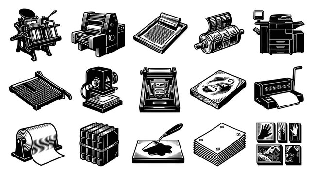 Vintage Printing Press Equipment and Supplies, Black and White Line Art