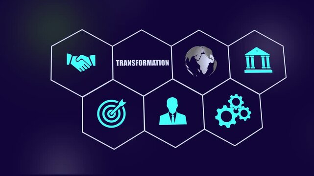 Digital business transformation concept featuring animated hexagonal infographic with for global strategy, corporate leadership, financial growth, networking, and industrial innovation