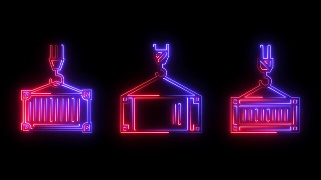 neon Thin line animation of cargo shipment icon on white background.Port crane cargo containers with import