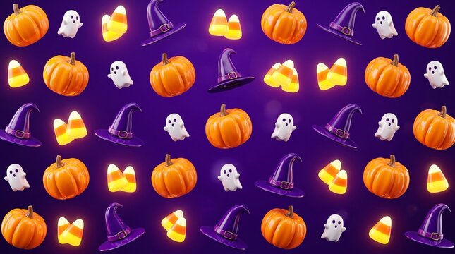 vibrant halloween seamless pattern with pumpkins witch hats and ghosts